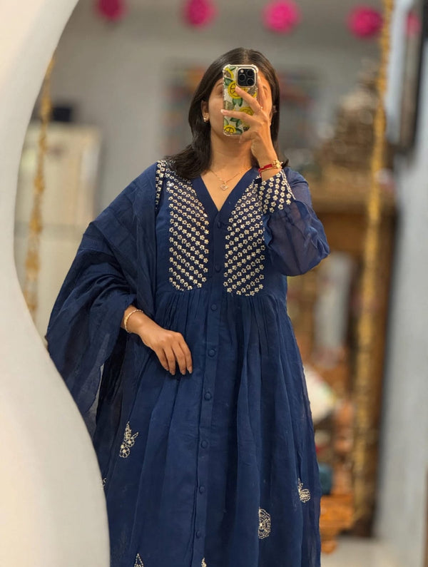 Navy Blue Cotton Embroidery Anarkali Kurti Pant Dupatta Set