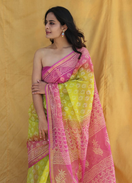 Pink & Green Printed kota doriya Saree (BFKS11)