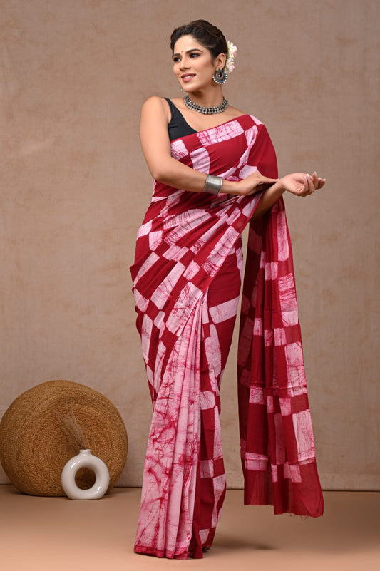 Red Tie-Dye Cotton Saree with Blouse | Stylish Casual  (BFCS60)