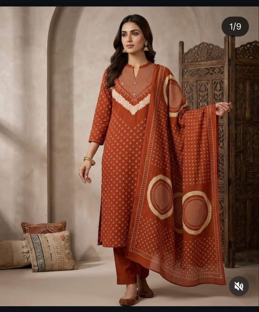 Rust Discharge Print Cotton Kurti Pant Dupatta Set