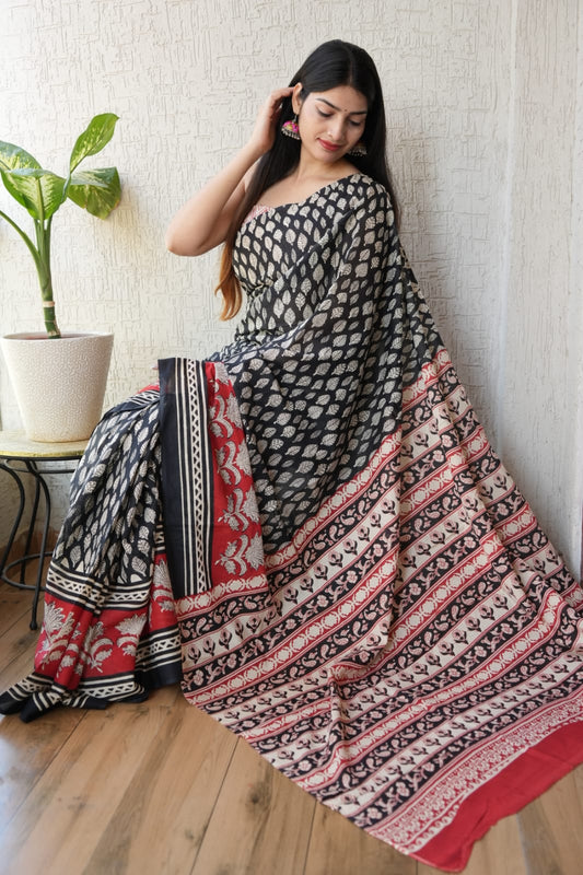 Black Red Designer Cotton Saree – Soft Cotton Saree for Women  (BFCS53)