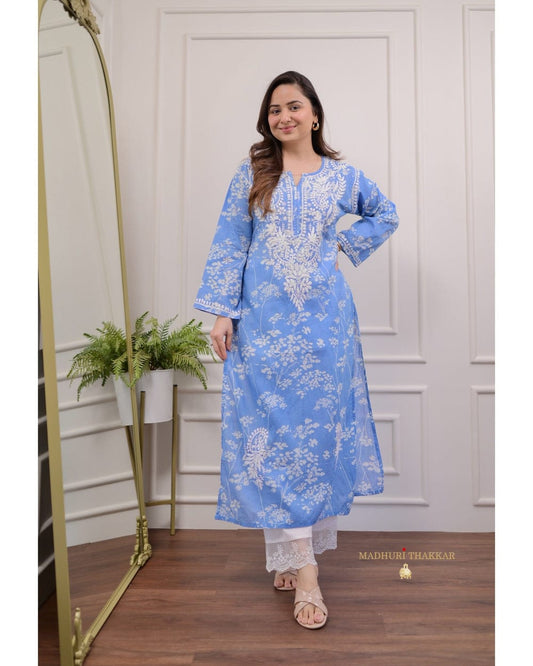 Blue Chikankari Kurti Pant Set | Mulmul Cotton Elegant Ethnic Wear for Women