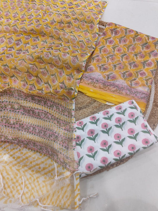 Yellow Floral Printed kota doriya Suit Set (MVFKO50)