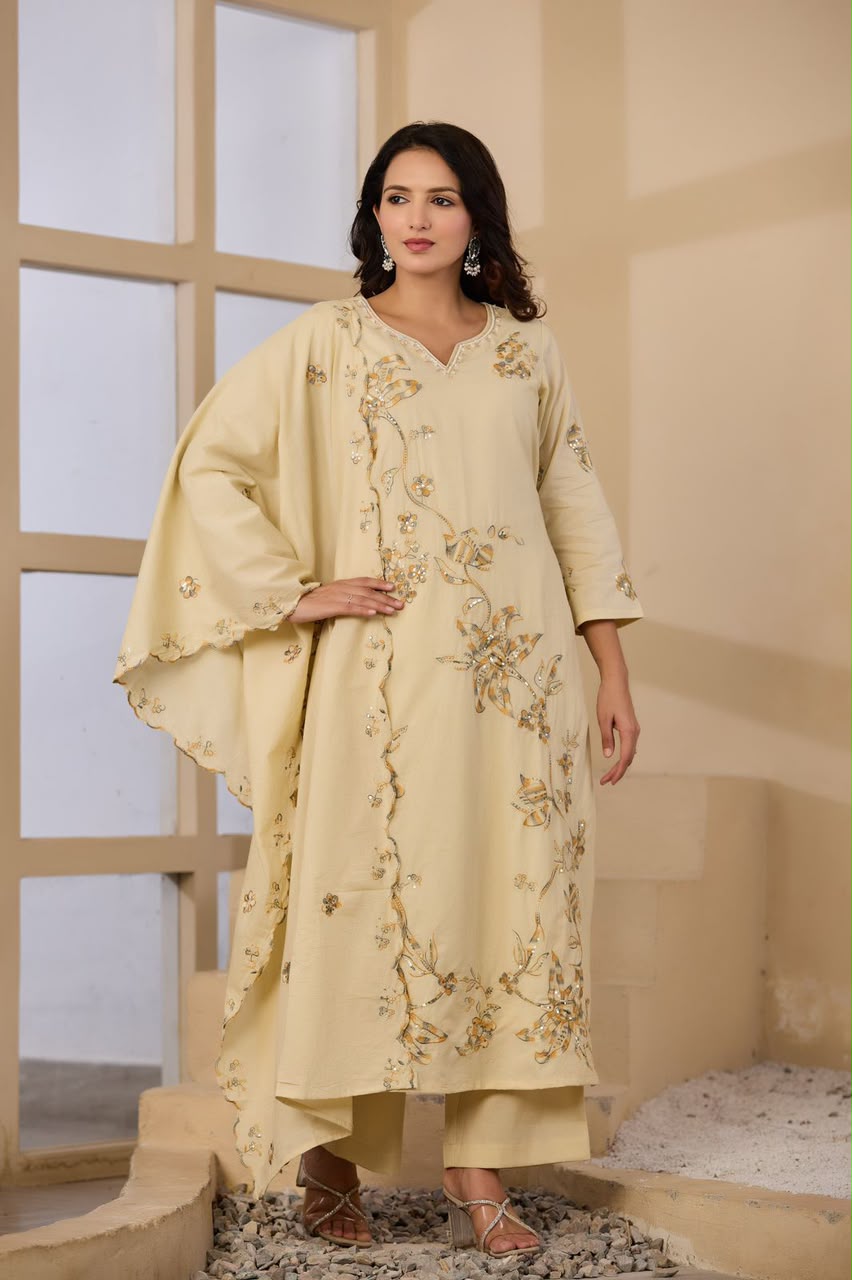 Cream Embroidered Cotton Kurta Set with Scalloped Dupatta | Ethnic Wear