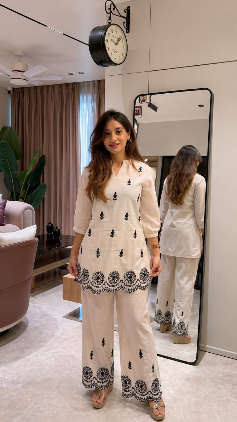 Cream Cotton Hand Embroidery Co-ord Set for Women