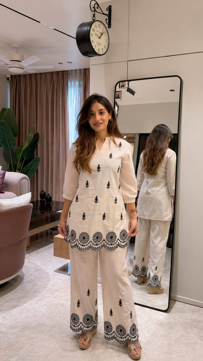 Cream Cotton Hand Embroidery Co-ord Set for Women