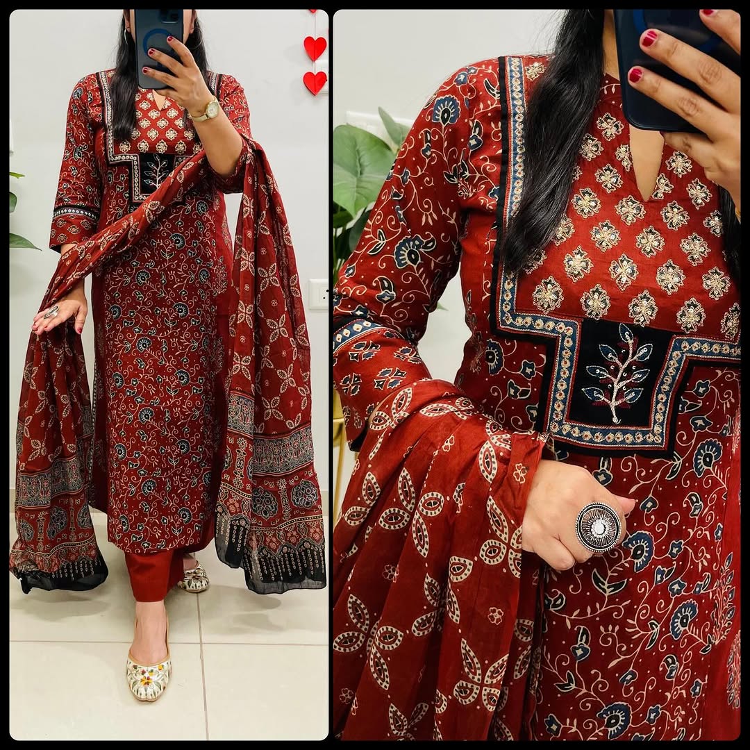 Maroon Ajrakh Cotton Suit Set | A-Line Princess Cut Kurta with Pant & Dupatta