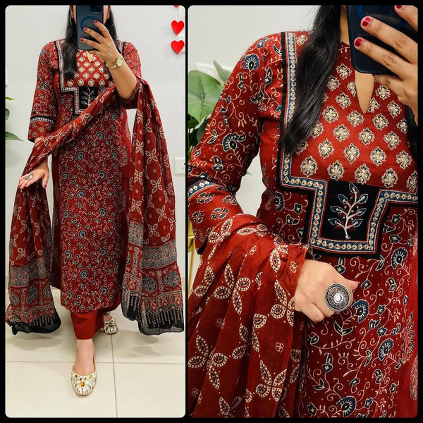 Maroon Ajrakh Cotton Suit Set | A-Line Princess Cut Kurta with Pant & Dupatta
