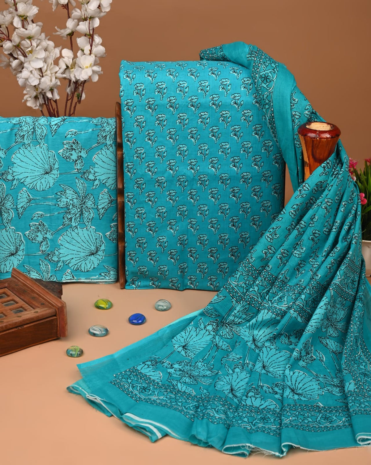 Exclusive Sky Blue Hand Block Cotton Suit With Cotton Dupatta