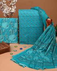 Exclusive Sky Blue Hand Block Cotton Suit With Cotton Dupatta