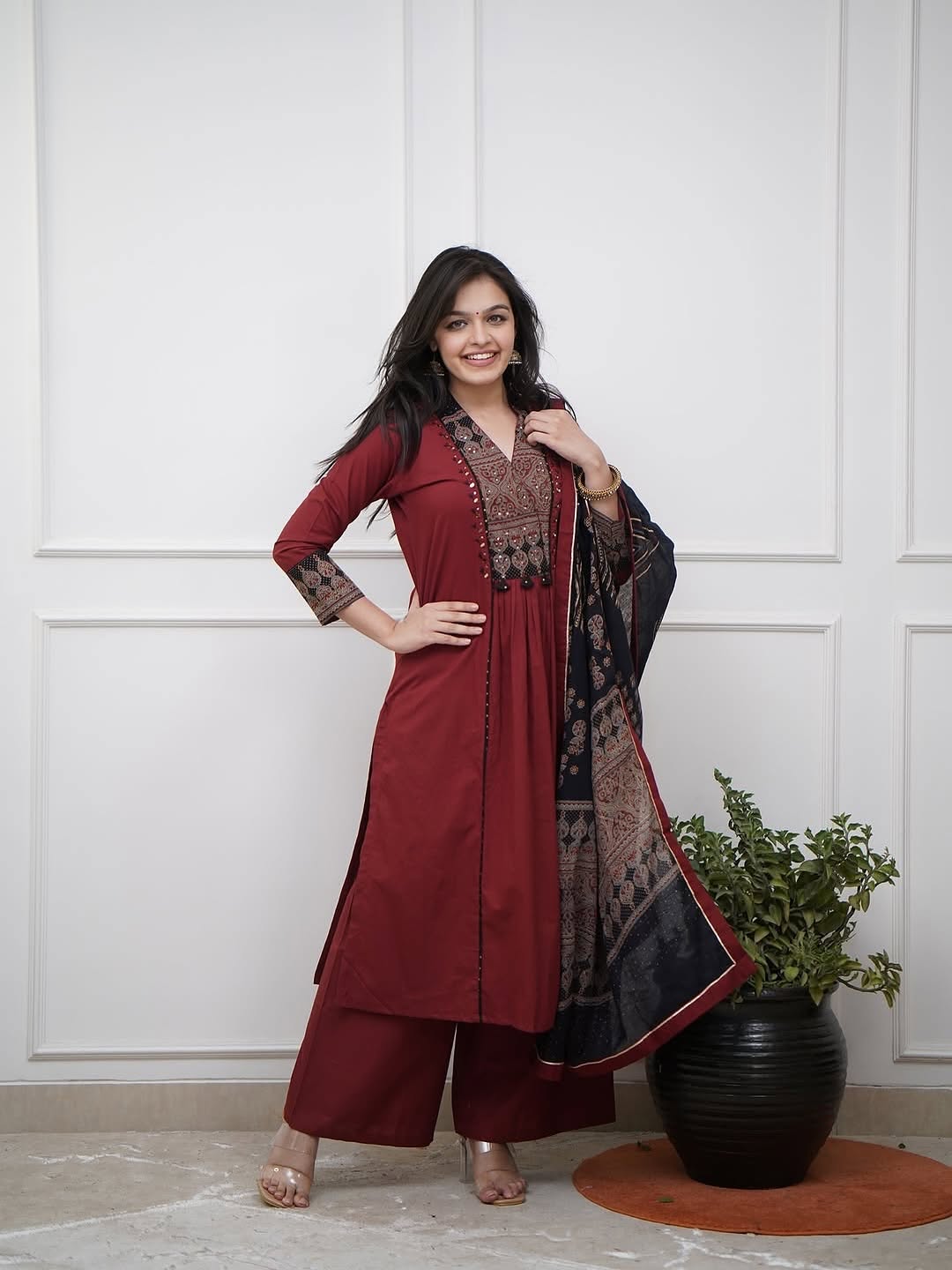 Maroon Cotton Kurta Pant Set with Printed Dupatta for Women | Festive Ethnic Wear