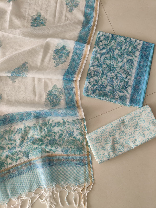 White & Aqua Blue Floral Block Print Kota Doriya Suit (BFFKO95)