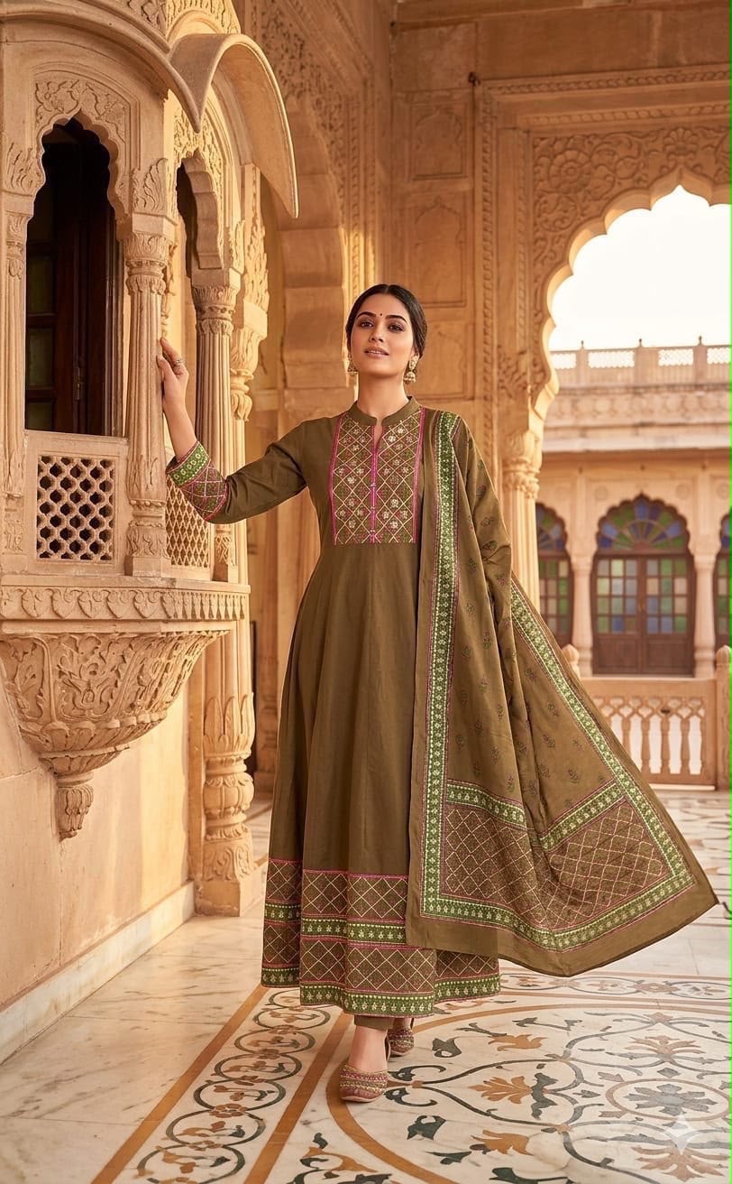 Olive Green Cotton 12 Kali Anarkali Suit Set