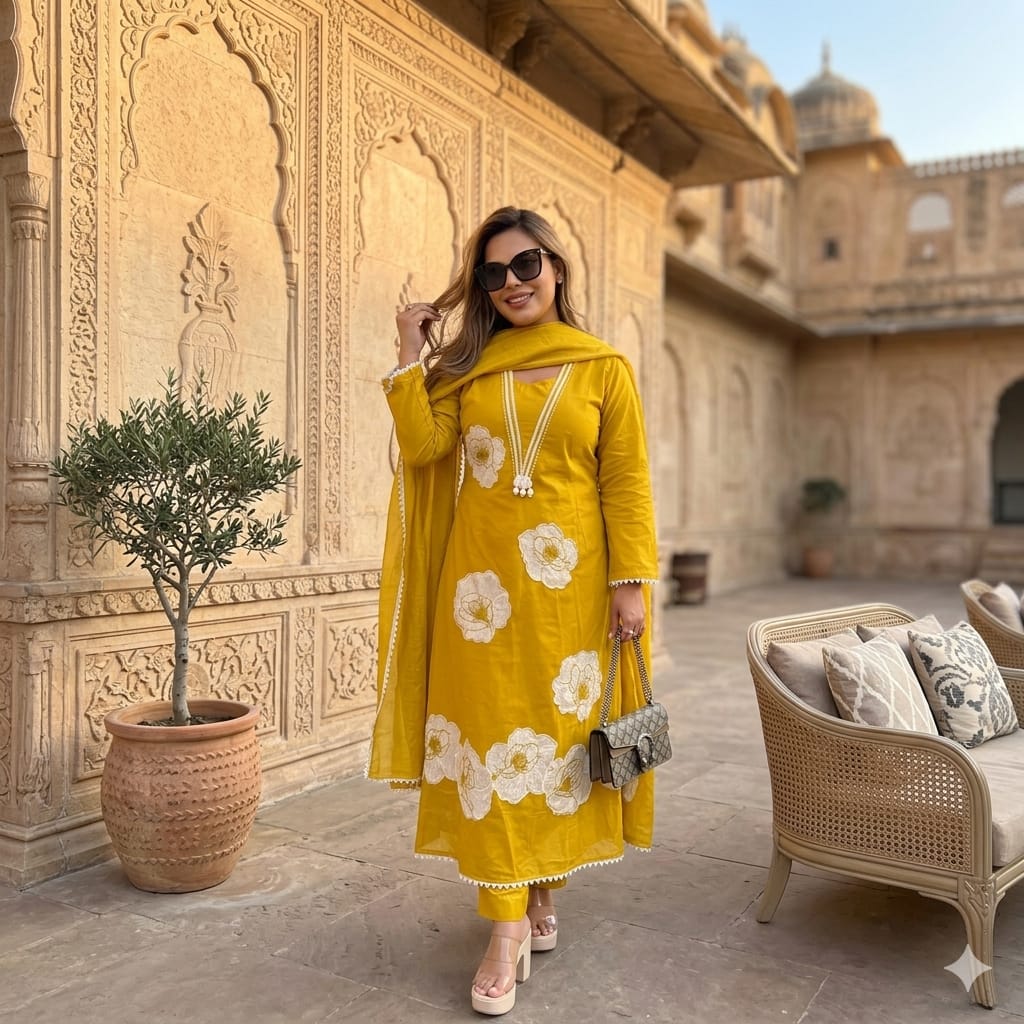 Mustard Yellow Anarkali Embroidery Patch Work Cotton Kurta Pant Set with Lace Dupatta