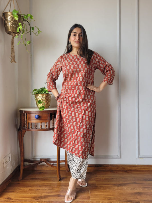 Rust Printed Cotton Kurti Pant Set for Women