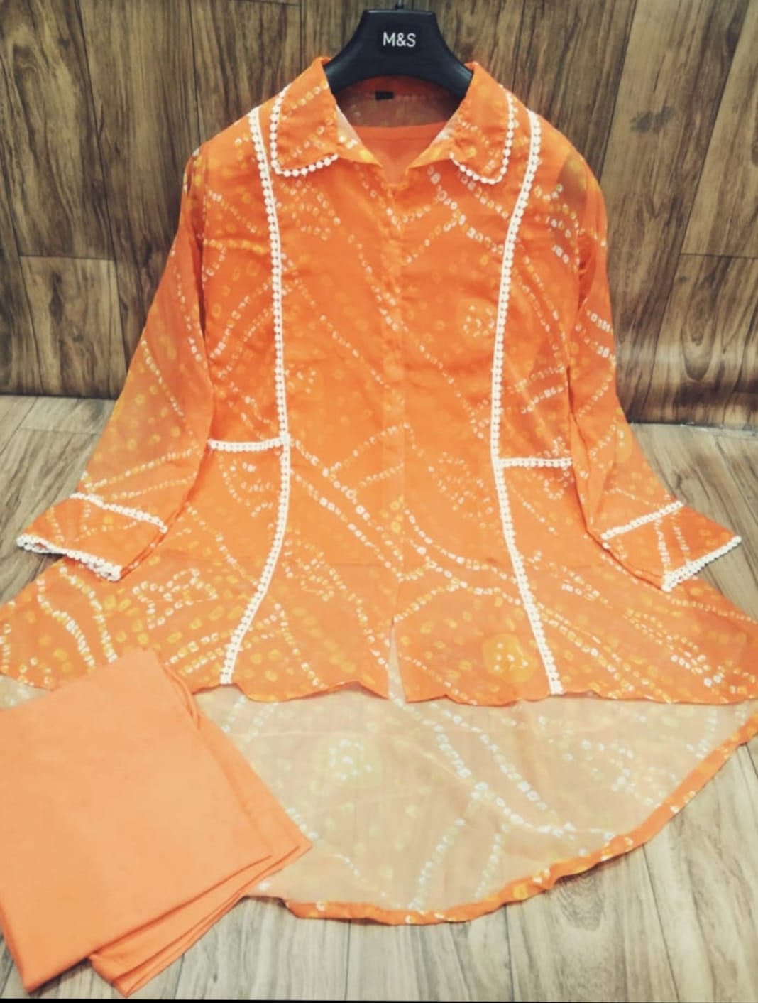Orange Bandhani Print Asymmetric Kurti with Palazzo Set