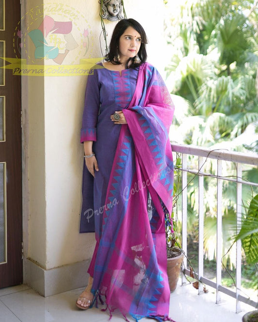 Purple Pink South Cotton Handloom Kurti Set with Temple Border |