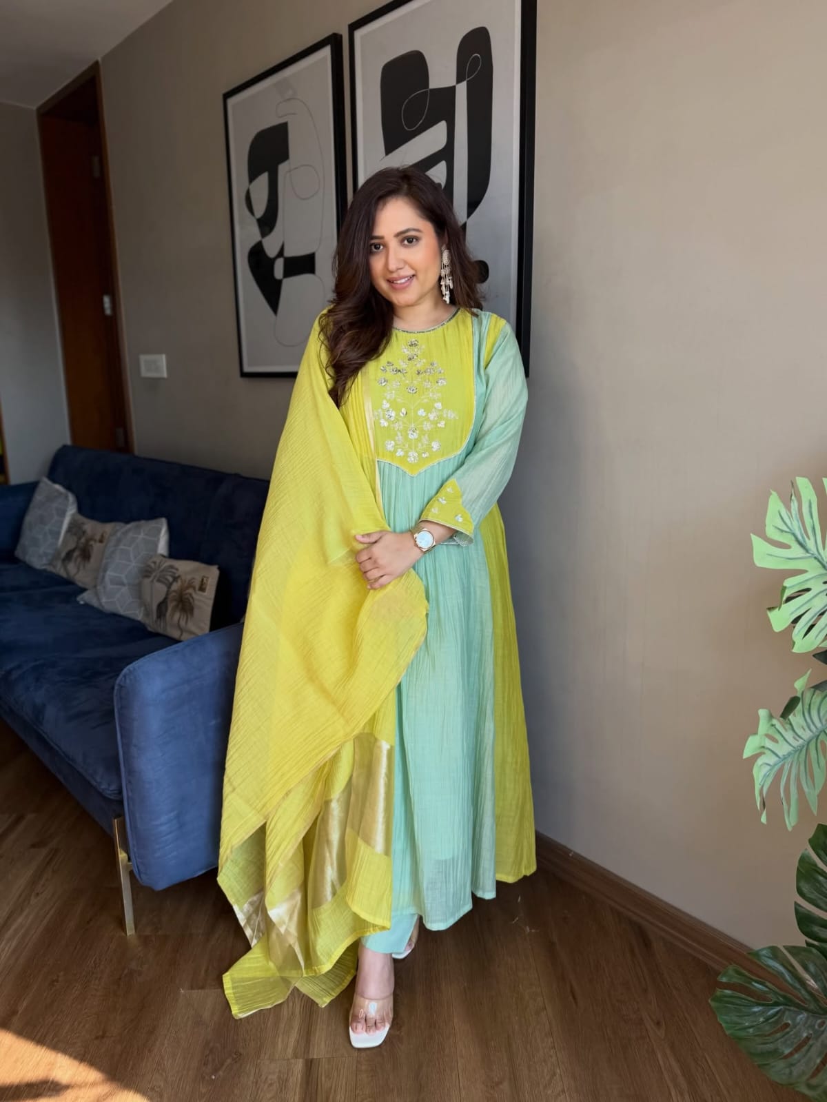 Lime Yellow & Sky Blue Shaded Anarkali Kurta Set for Women