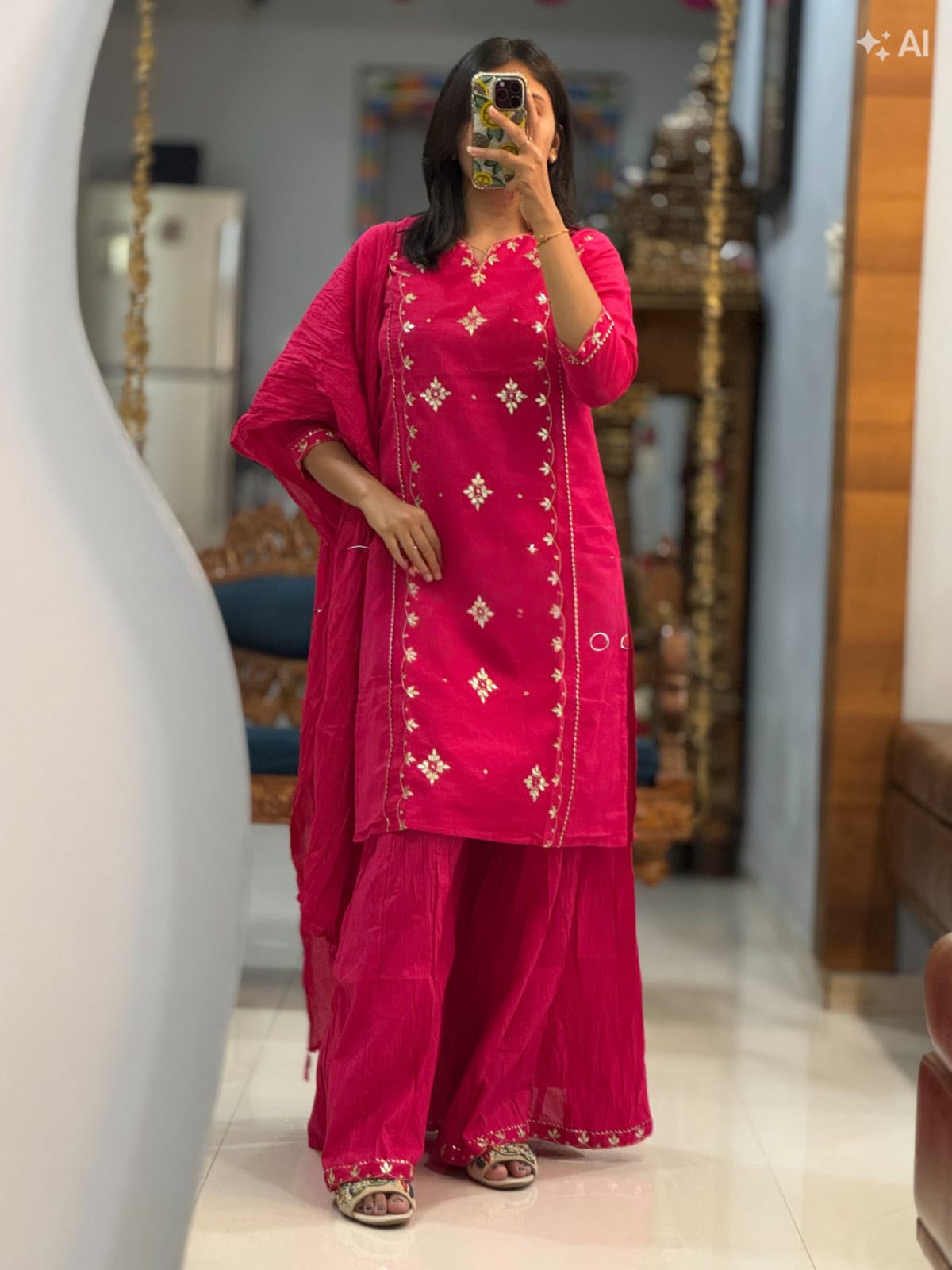 Pink Embroidered Cotton Kurta Palazzo Set with Dupatta