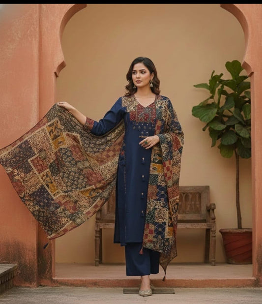 Navy Blue Pure Cotton Suit Set with Kalamkari Print Dupatta