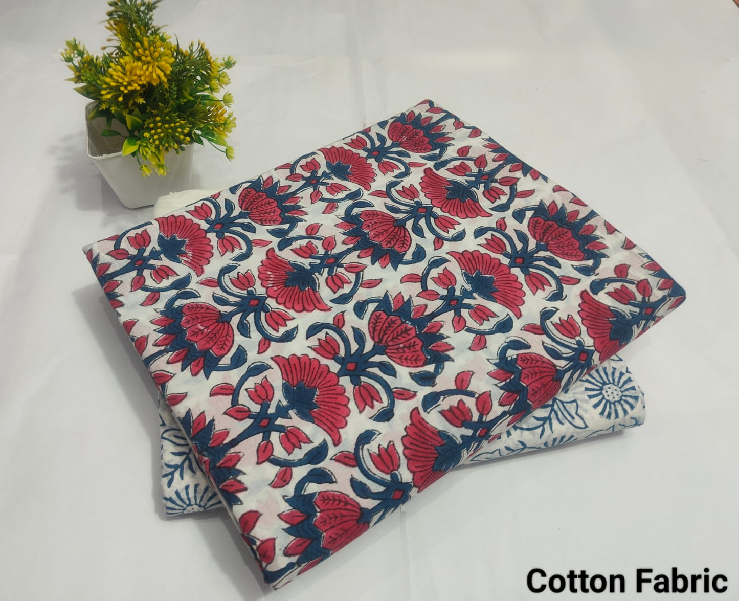 White Red Blue Floral Cotton Fabric – Premium Printed Cotton Dress Material(BFTB095)