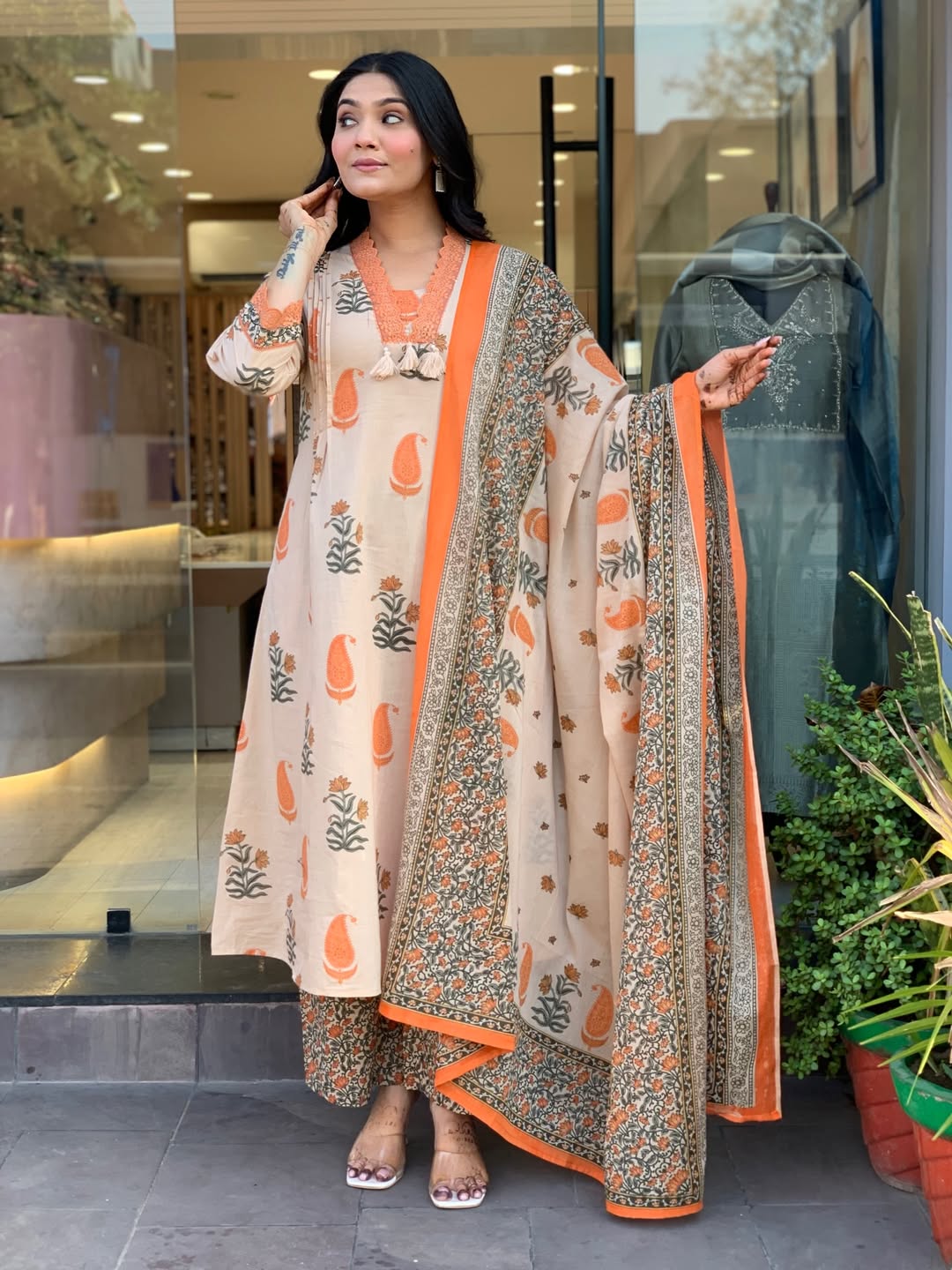 Cream & Orange Paisley Block Print Cotton Kurti Palazzo Dupatta Set