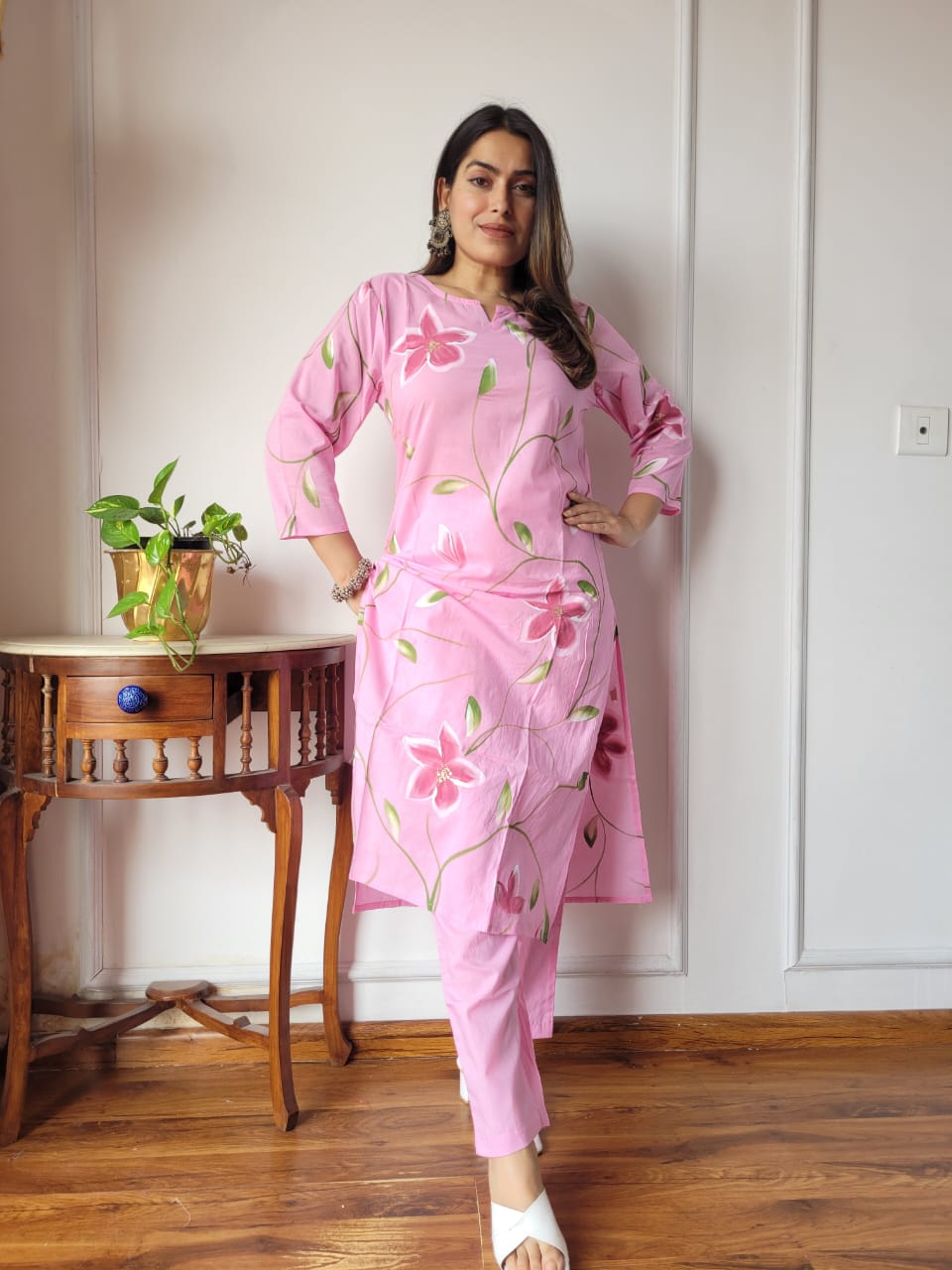 Pink Floral Cotton Kurta Pant Set for Women | Trendy Summer Ethnic Wear