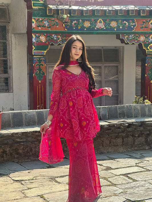 Rani Pink Bandhani Print Sharara Set | Pure Chiffon Kurti Sharara Dupatta with Mirror Work