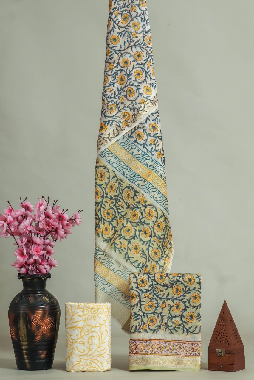 Premium Hand Block Printed Maheshwari Silk Suit (BFMAH19)