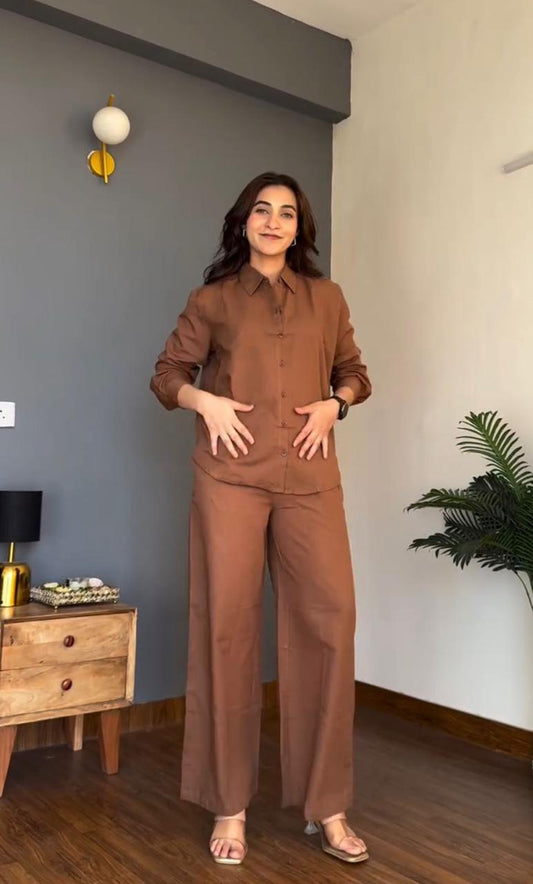 Choco Brown Pure Cotton Coord Set | Shirt & Wide Leg Pant