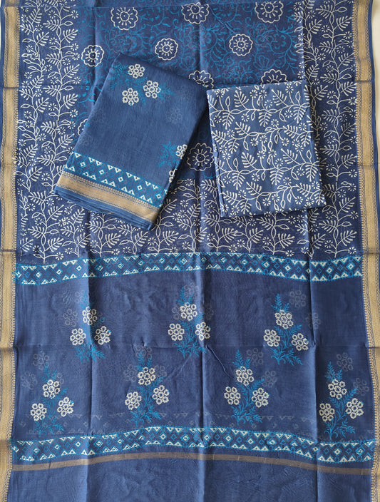 Premium Hand Block Printed Maheshwari Silk Suit(BFMAH89)