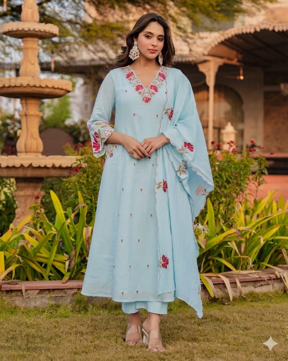Sky Blue Cotton Anarkali Kurta Pant with Embroidered Dupatta | Designer Suit Set