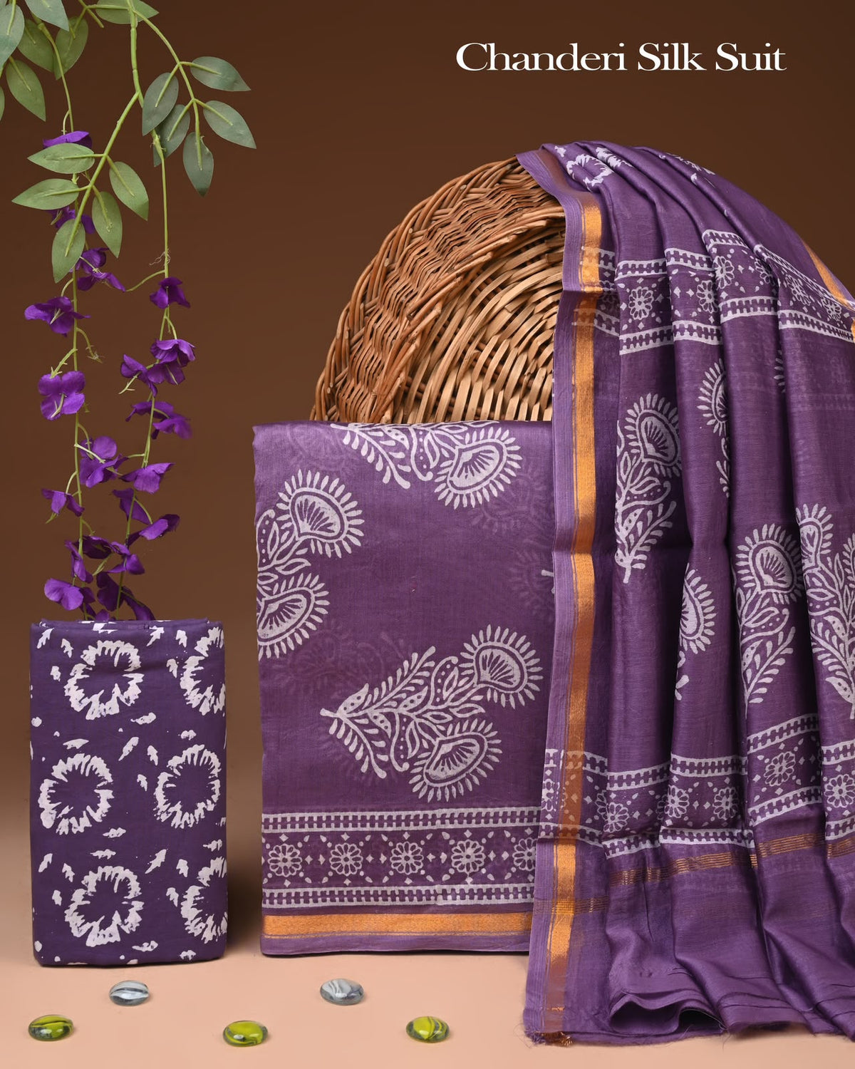 EXCLUSIVE HAND BLOCK CHANDERI SILK SUIT SET WITH CHANDERI DUPATTA