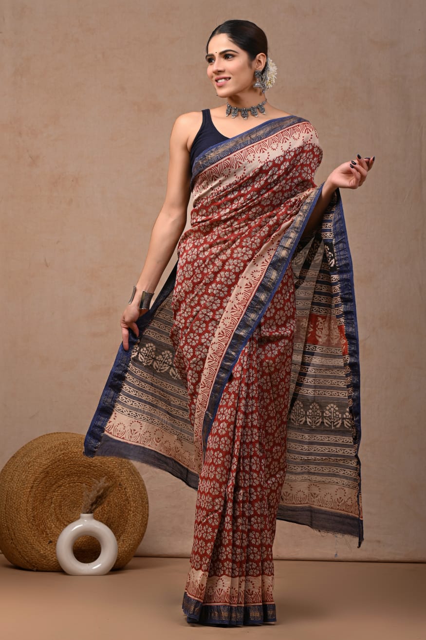 New Designer Hand Block Print Maheshwari Silk Saree (BFMSARE72)