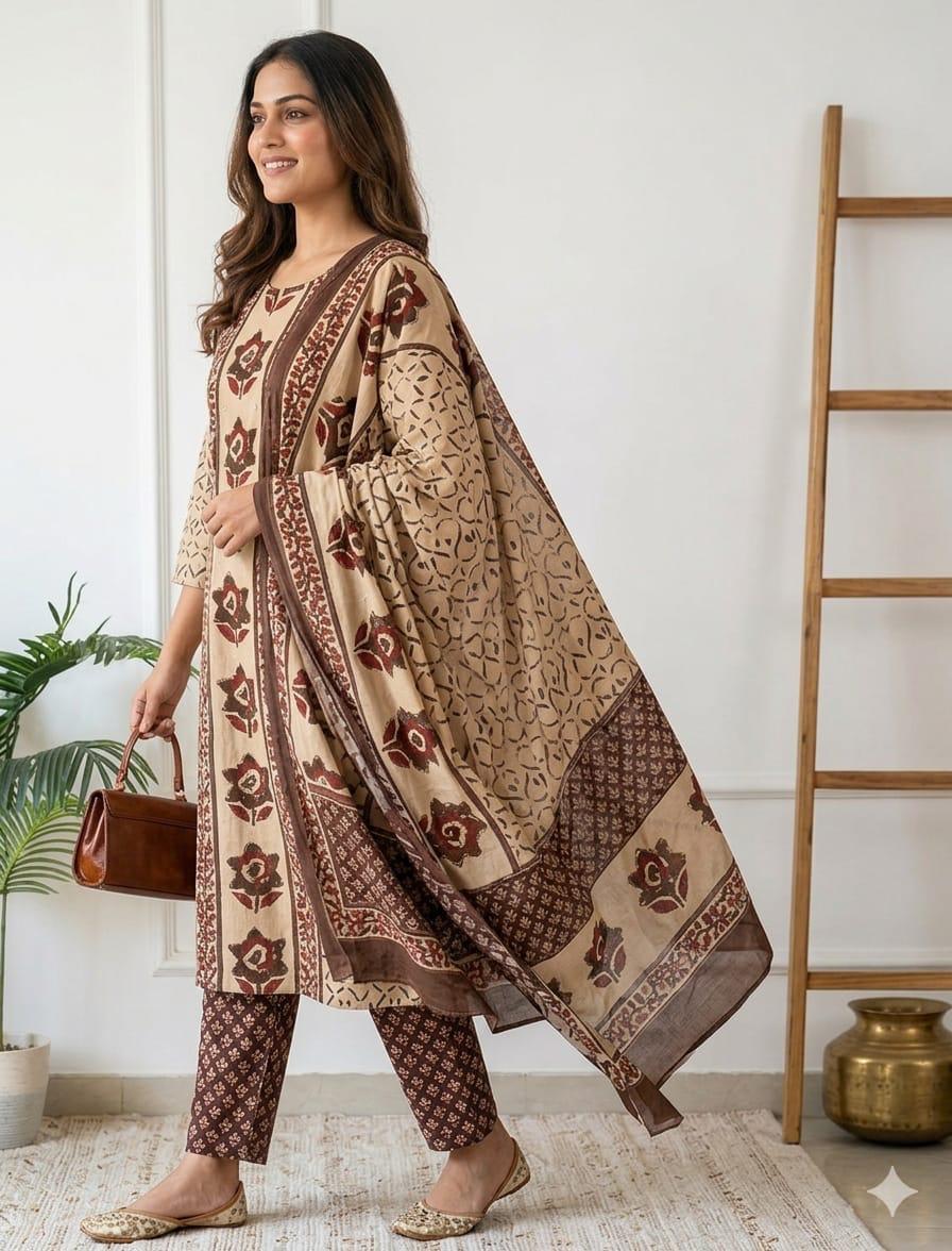 Beige & Brown Floral Print Cotton Kurti Set with Sequence Work