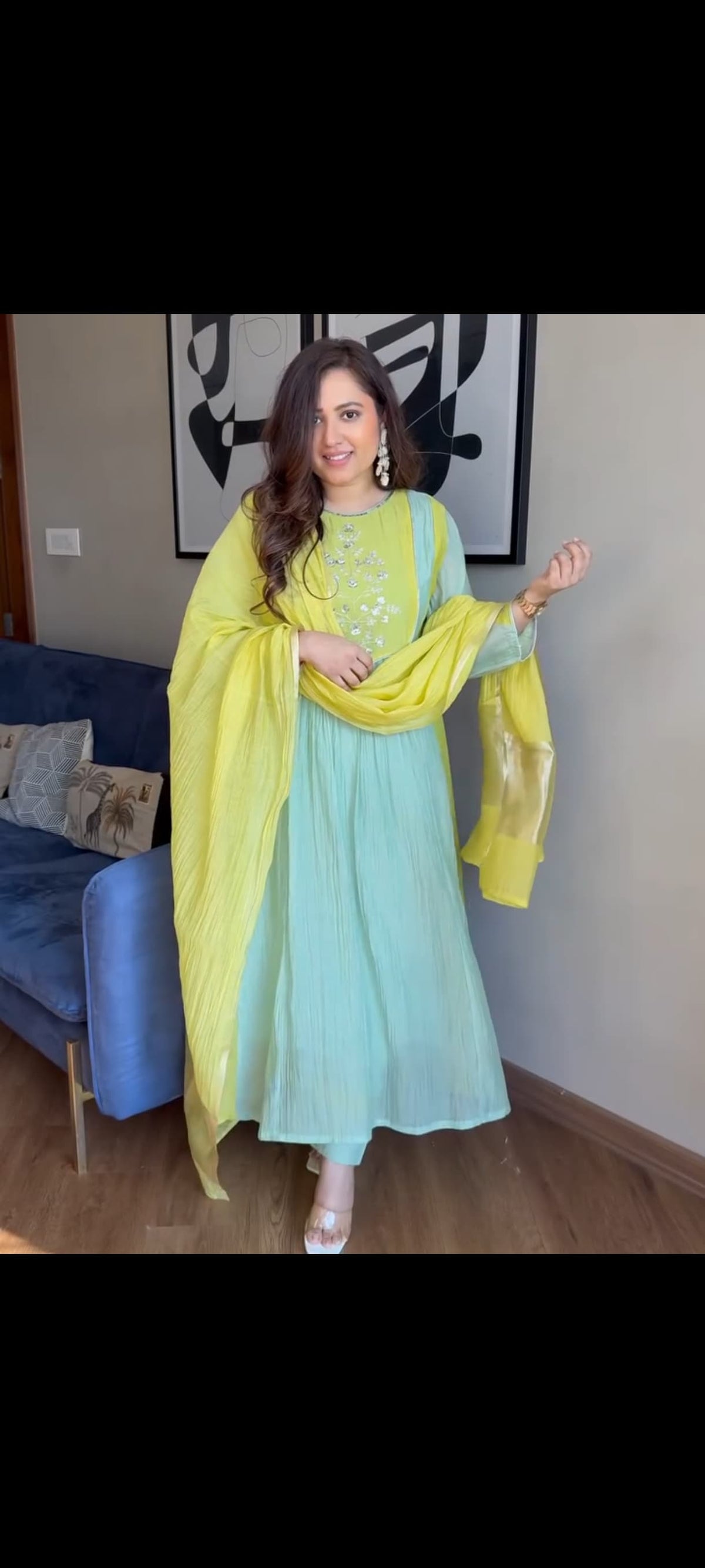 Lime Yellow & Sky Blue Shaded Anarkali Kurta Set for Women