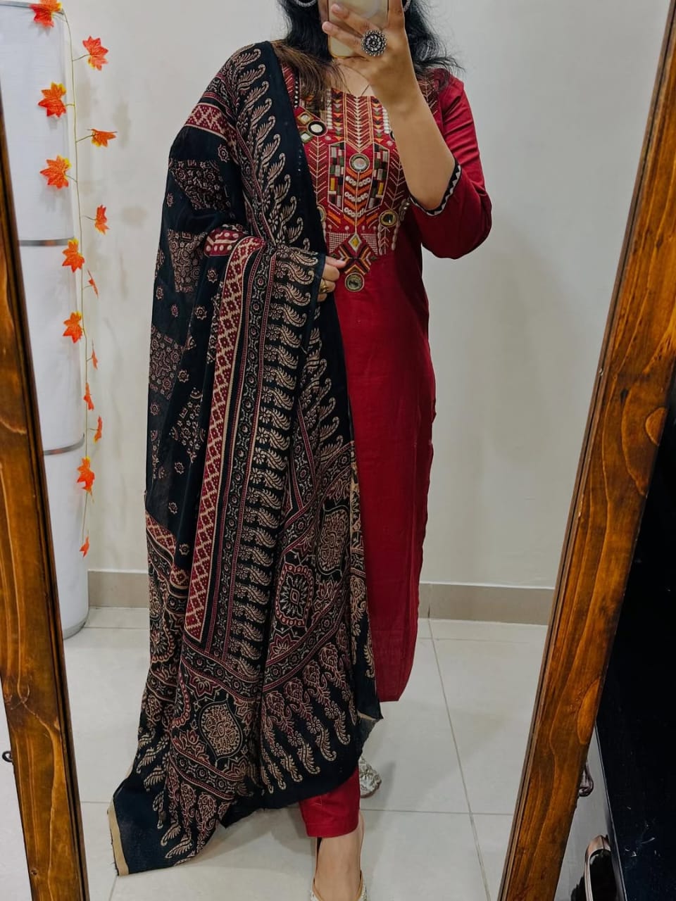 Elegant Red Cotton Kurta Pant Set with Black Ajrakh Dupatta for Women