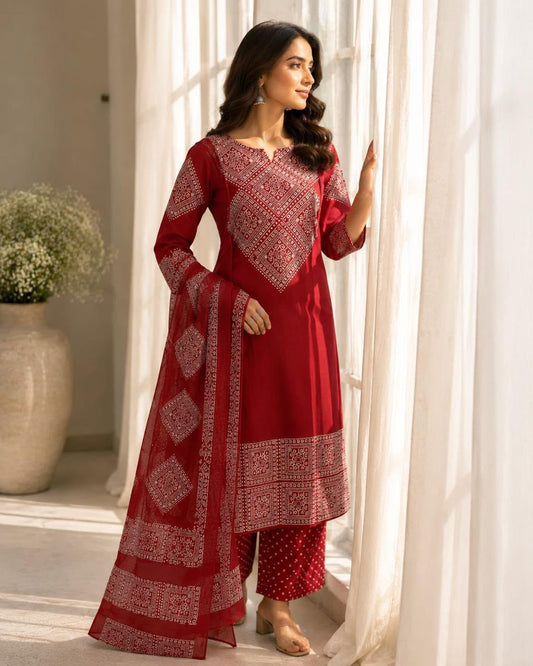 Red Bandhani Print Cotton Kurti Palazzo Dupatta Set