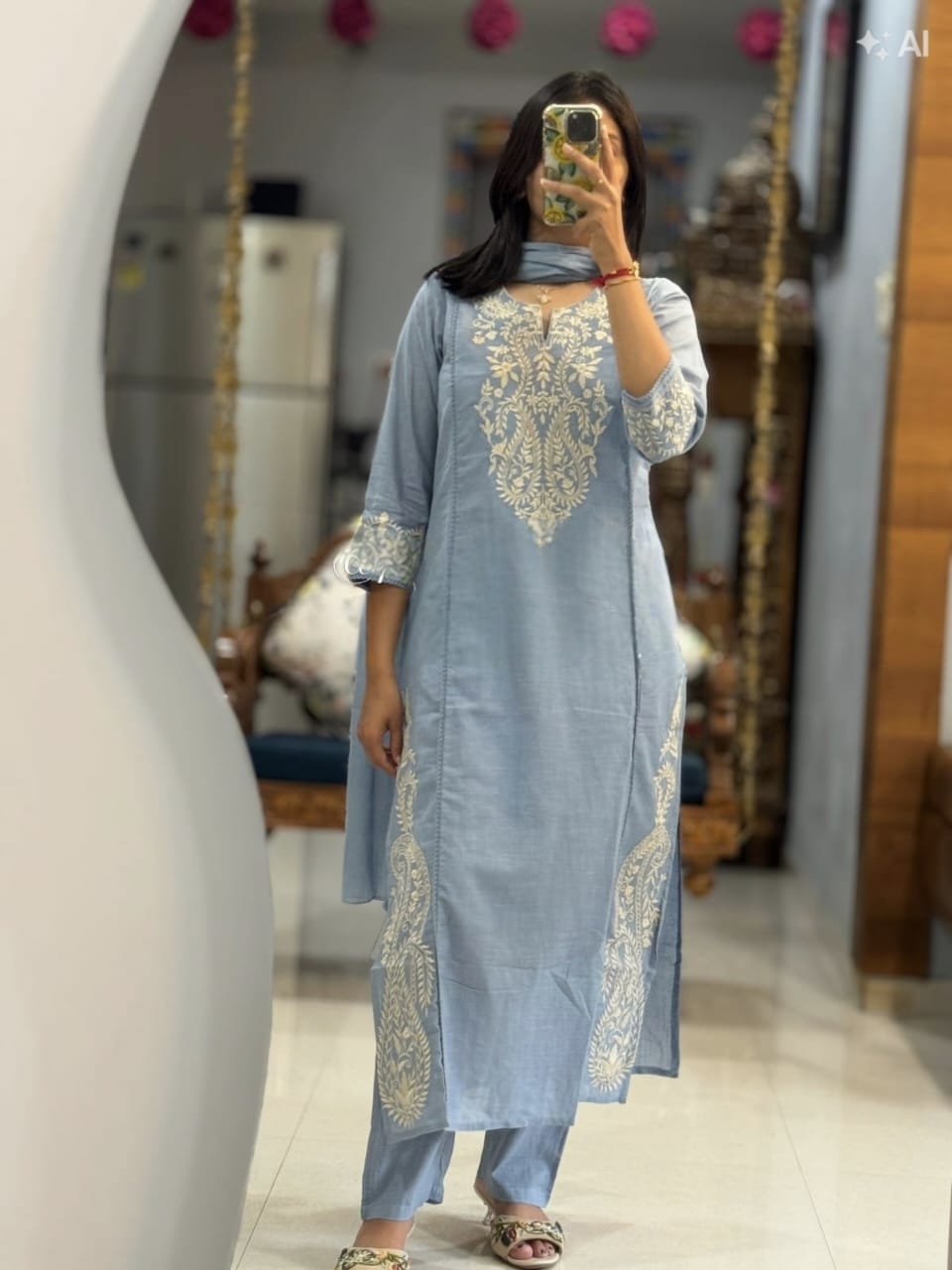 Sky Blue Embroidered Cotton Kurta Pant Set with Dupatta