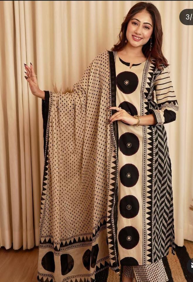 Black Beige Ajrakh Cotton Kurti Pant Dupatta Set for Women