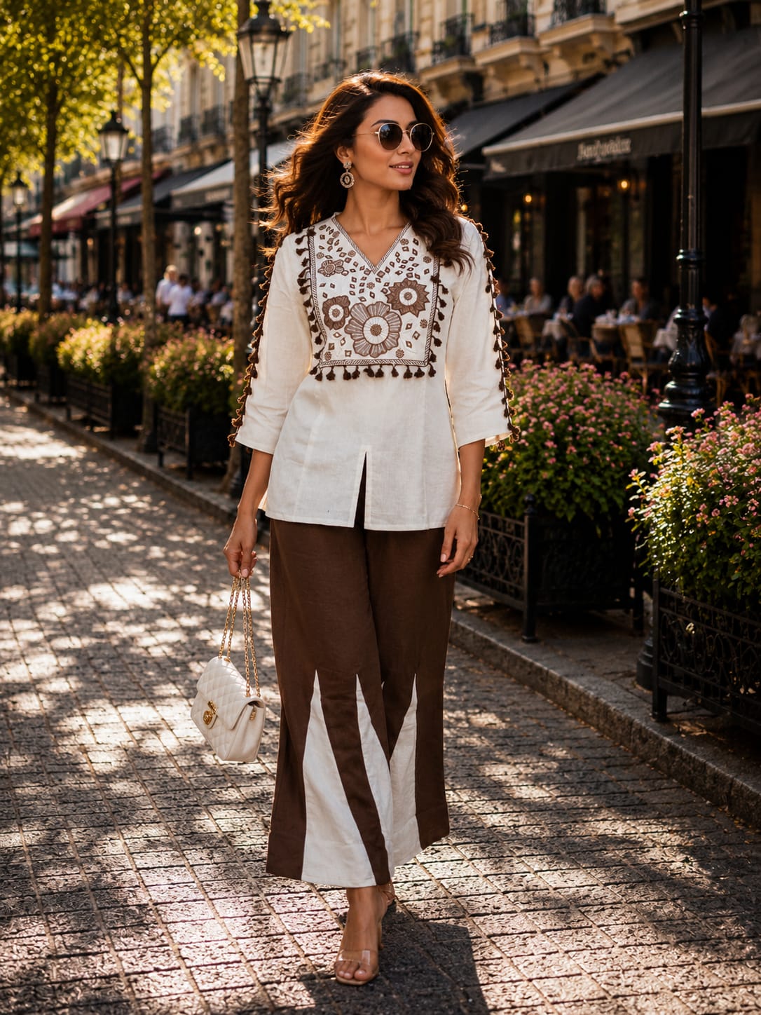 White Khadi Cotton Co-ord Set with Brown Embroidery