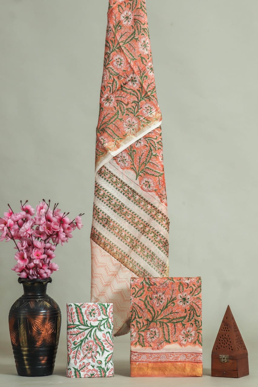 Premium Hand Block Printed Maheshwari Silk Suit(BFMAH54)
