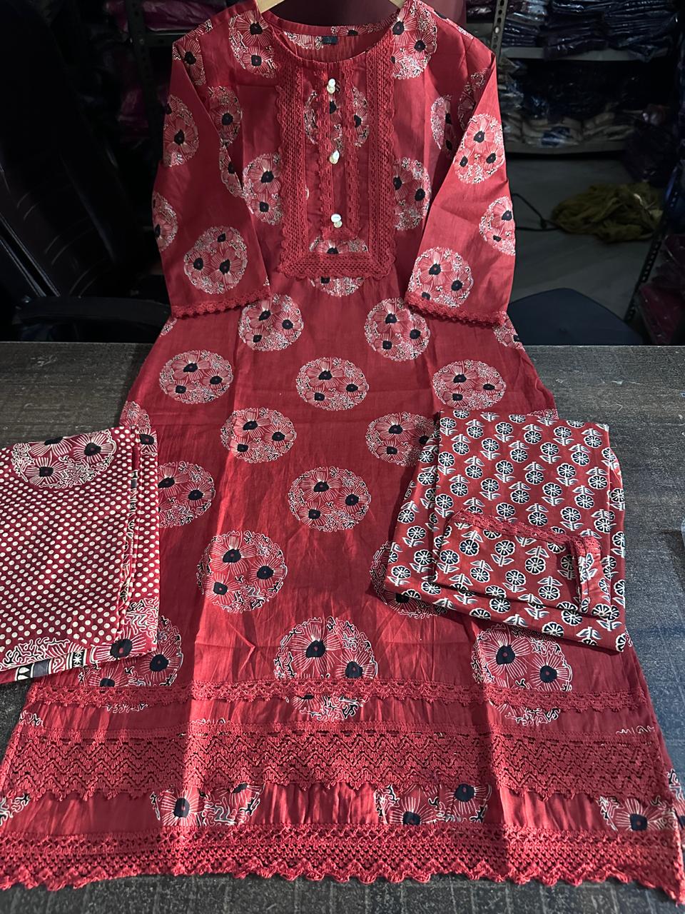 Rust Red Floral Digital Print Cotton Suit Set for Women