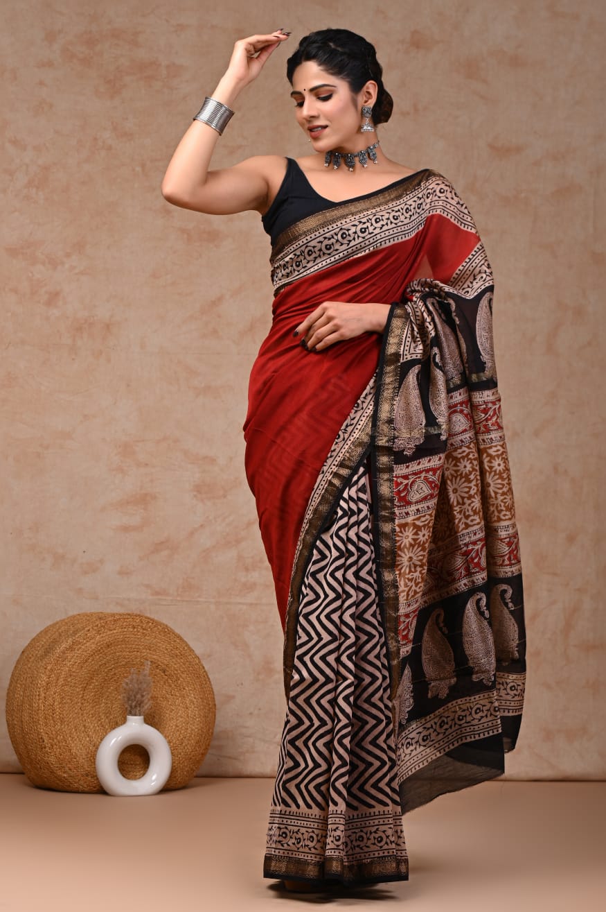 New Designer Hand Block Print Maheshwari Silk Saree (BFMSARE73)