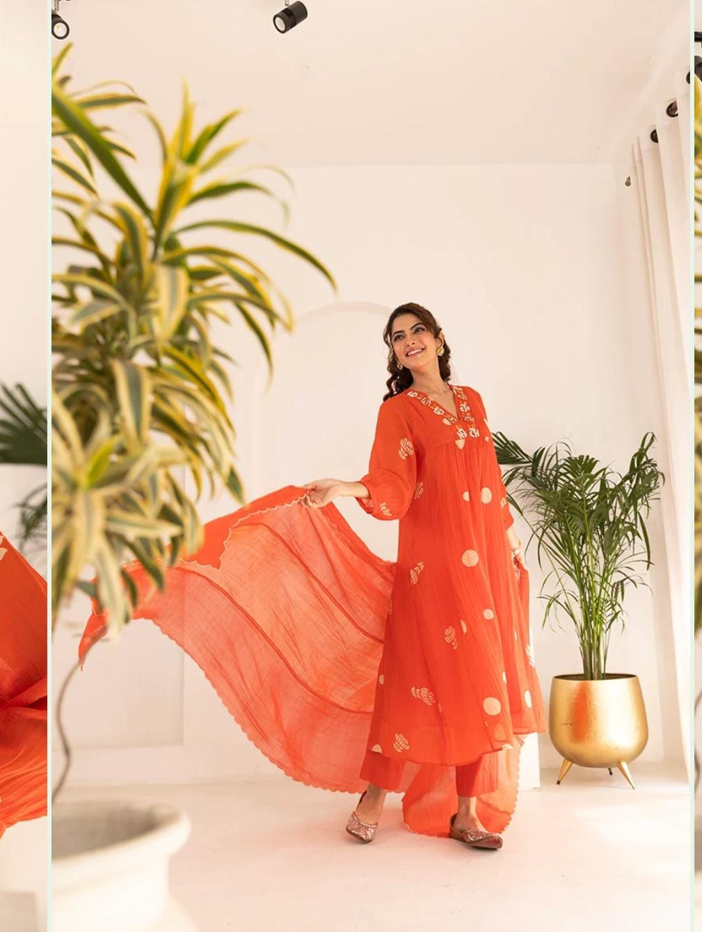 Orange Mul Cotton Polka Dot Kurta Set | Festive 3Pc Suit with Bead Embroidery