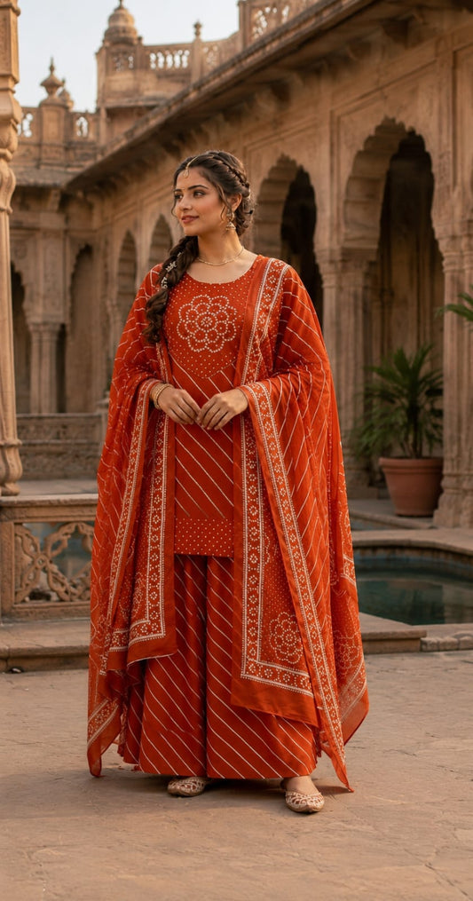 Rust Orange Lahriya Bandhej Cotton Kurti Palazzo Set