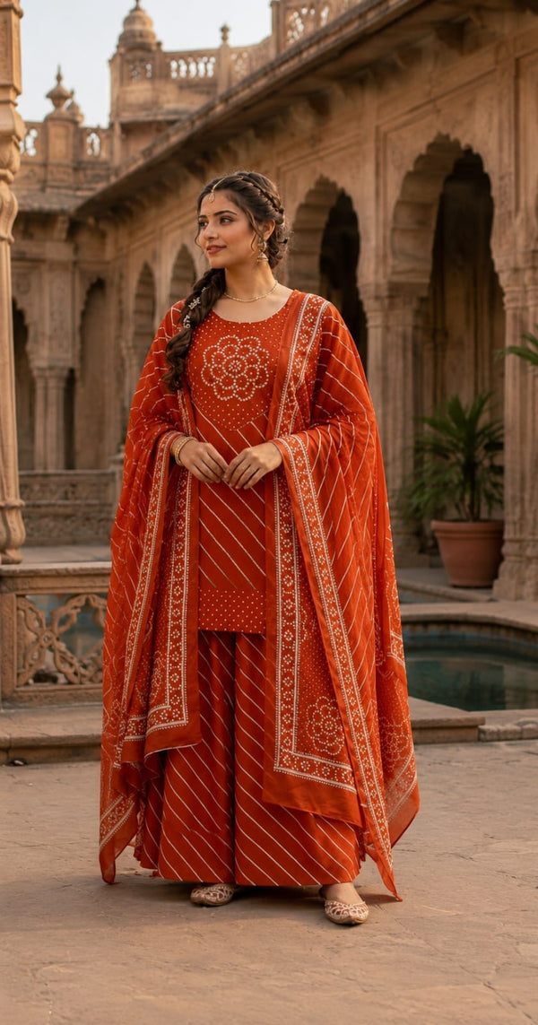 Rust Orange Lahriya Bandhej Cotton Kurti Palazzo Set