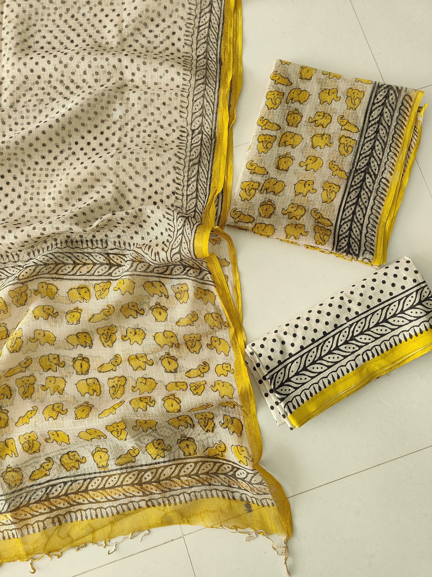 Yellow & Black Elephant Block Print Kota Doriya Suit (BFFKO98)