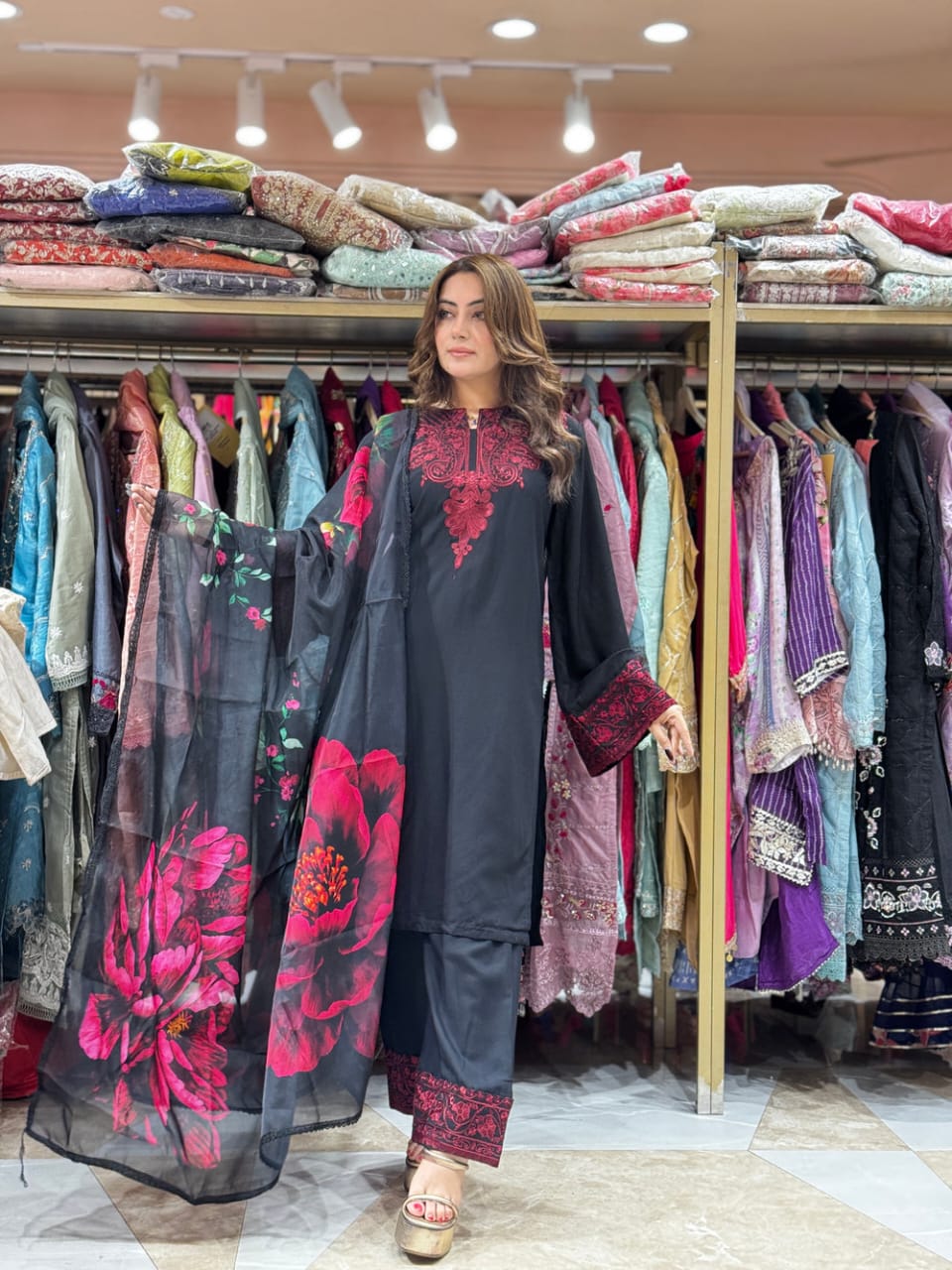 Black Embroidered Cotton Suit with Organza Dupatta | Rakhi Special