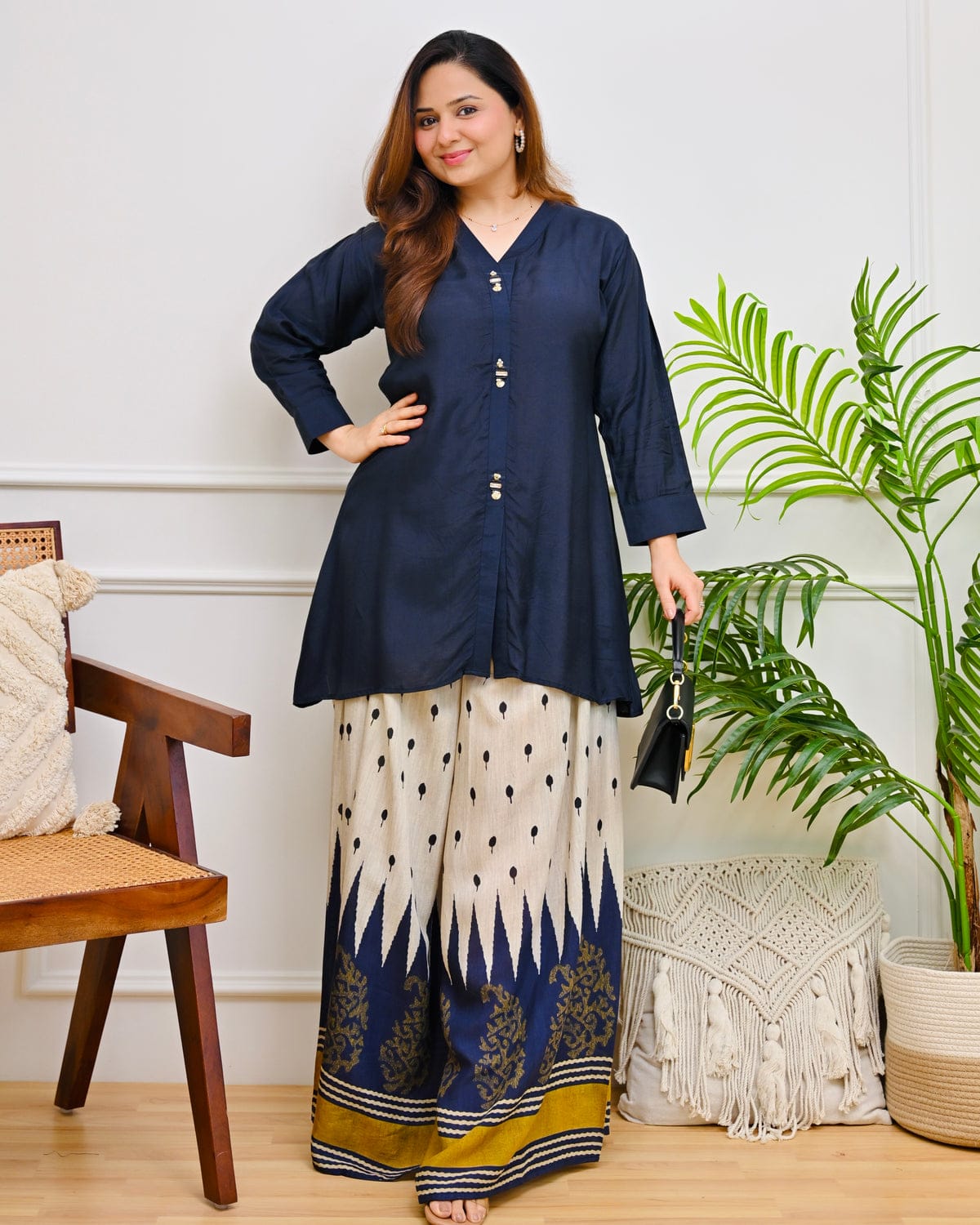 Navy Blue Indo-Western Palazzo Set for Women | Pure Cotton Tunic with Ikat Print Palazzo